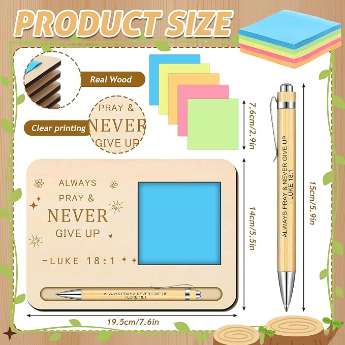 Kosiz 10 Set Back to School Teacher Christian Gifts Bulk Wooden Sticky Note Holder with Notes and Ballpoint Pens Christian Thank You Gift for Teacher Team Employee Office Supplies