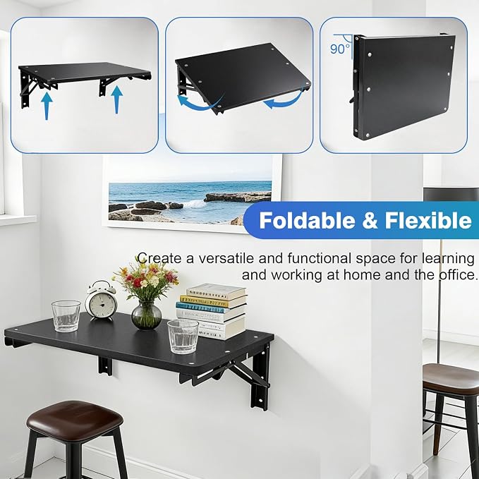 Folding Wall Desk for Small Space, Black 21.7″ Wooden Floating Table | Foldable Shelf Wall Mounted for Office Living Room Bedroom, Media Projector Shelves with 2 Heavy-Duty Brackets Holds Up 80lbs