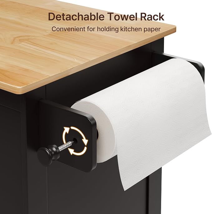 Gizoon 33" W Kitchen Island Cart with Rubberwood Top | Rolling Cart on Wheels with Adjustable Shelf, Drawer, Spice Rack, Towel Bar, Mobile Storage Cabinet for Dining Room, Black