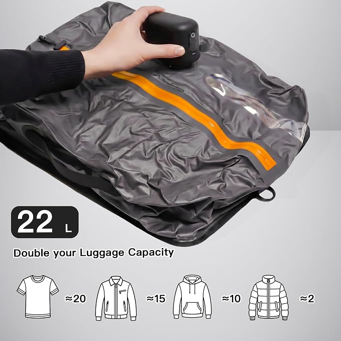 Travel Vacuum Bags With Pump, 2 Pack 22L Compression Kit For Clothes | IPX8 Waterproof; 3-5 Minute Compression; USB-C Cordless Pump; Up To 60-Minute Runtime; Saves Up To 60% Space; Airtight Seal
