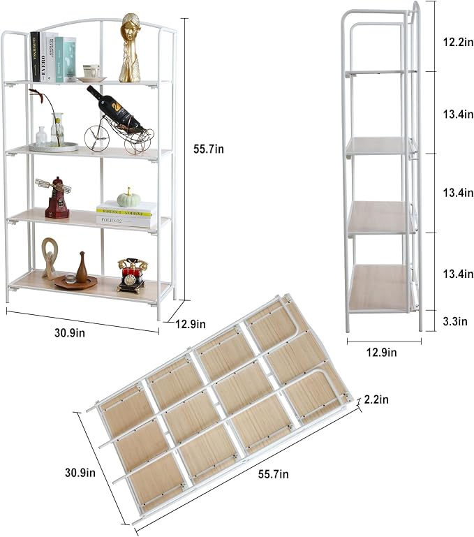Crofy 4-Tier Wider Foldable Bookshelf, White Frame & White Oak Shelves | No-Assembly Collapsible Portable Storage Organizer; Sturdy White Oak Finish Shelves; Ideal for Living Room & Home Office
