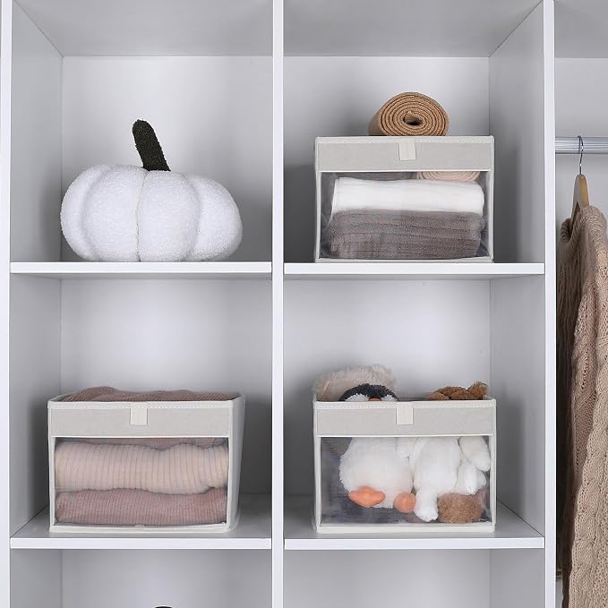 WUIKE 3 Pack Medium Storage Bins with Clear Window, Fabric Storage Bins for Home and Closet Organization, Beige