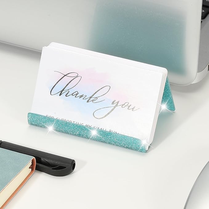 PATIKIL Business Card Holder for Desk, Acrylic Business Card Holders Shine Card Stand Organizer Cards Display for Office Exhibition, Lake Blue