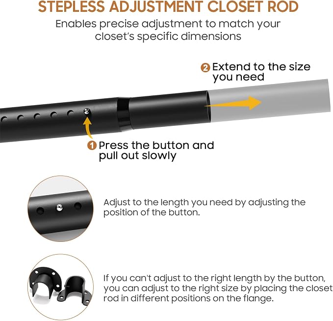Adjustable Closet Rod, 16 to 86 Inche Closet Rods for Hanging Clothes, Heavy Duty 1.3 Inch Closet Hanging Rod for Closet Wardrobes Laundry RVs