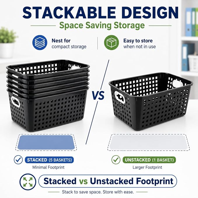 6 Pack Plastic Classroom Storage Baskets, Organizer Bins with Handle | Black Color 11" × 7.1" × 4.6" Medium Papers Book Storage Organizer for School Classroom Library Office Home Desktop Bookshelf