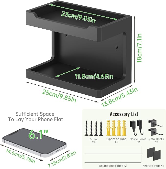 NiHome Bedside Wall Shelf Organizer, Wood 2-Tier Floating Nightstand, Black | Dual Mount Adhesive Or Screw, 4 DIY Hooks, Cell Phone Glasses Holder, College Dorm Room Essentials