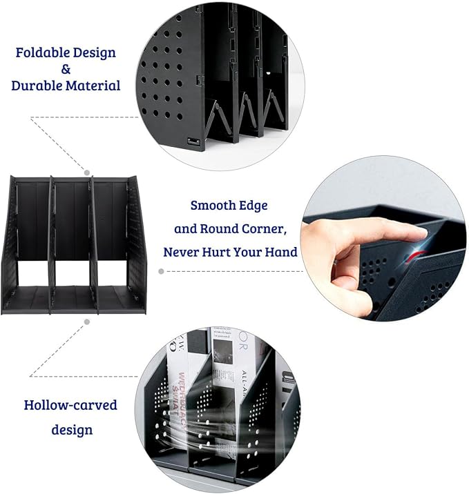 Marte Vanci Collapsible 3 Compartment Magazine Holder Desktop Organiser Adjustable Sturdy File Dividers Document Cabinet Rack Display (Black)
