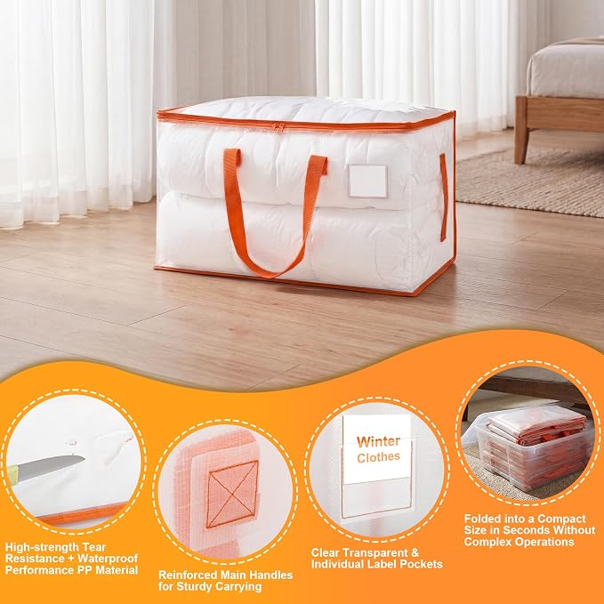 KYODOLED 2-Pack Clear Moving Bags Heavy Duty Extra Large, Storage Totes with Reinforced Handles & Label Pocket, Transparent Packing Containers for College Dorm, Clothes, Bedding, Home Organization