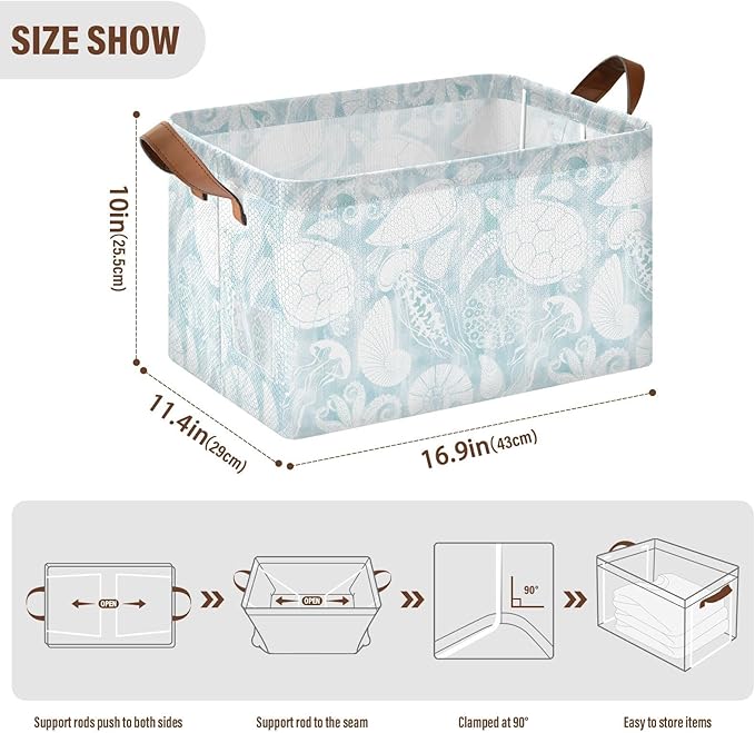 Light Blue Marine Life Turtle Coastal Storage Basket Foldable Cube Storage Bins with Handles&Label Collapsible Organizer Box Bin Large Rectangle Decor Baskets for Shelves Home Living Room Closet, 2 PC