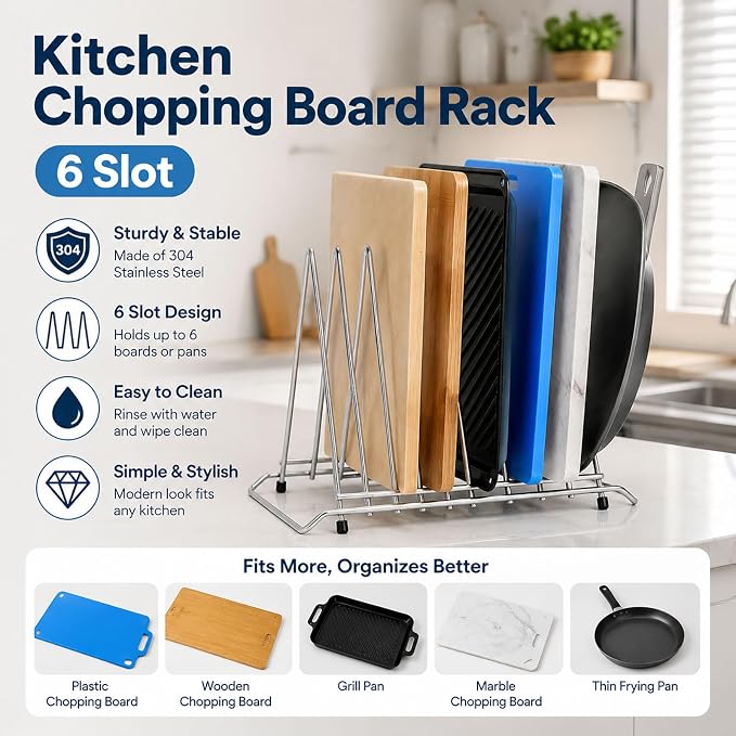 Stainless Steel Cutting Board Holder, 6-Slot Countertop Stand | 304 stainless steel, 6-slot organizer, heavy-duty, fits boards up to 1.4in (3.7cm) thick, not for pot lids