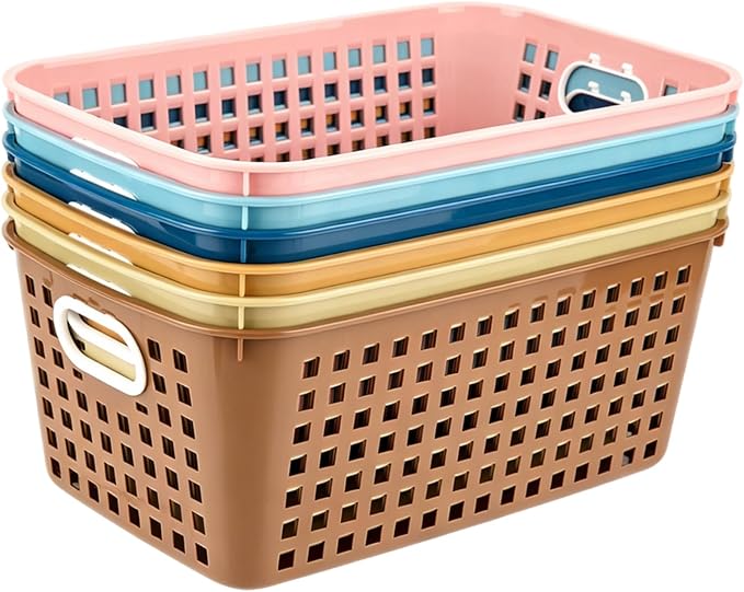 6 Pack Plastic Classroom Storage Baskets, Organizer Bins with Handle | Bohemian 11" × 7.1" × 4.6" Medium Papers Book Storage Organizer for School Classroom Library Office Home Desktop Bookshelf