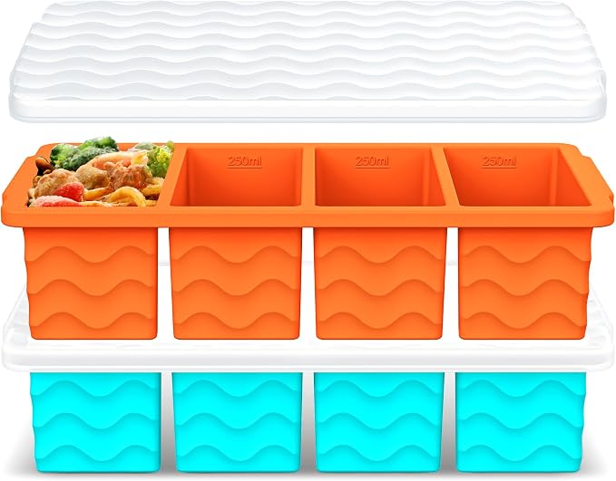 Doasuwish Silicone Freezer Tray for Soup with Lid – 1-Cup Soup Container Cube Style Ice Cube Trays for Freezer, Meal Prep & Food Storage, Freeze 250mL/125mL Portions – 2 Pack