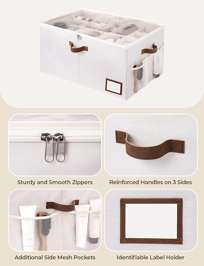 StorageWorks Large Shoe Storage for Closet, 16 Shoe Cubbies, Beige | Up to 20 Pairs, Fixed Compartments, Clear Lid, Label Window, Side Mesh Pocket, Soft Handles, Fits Flats, Sandals, For Mudroom