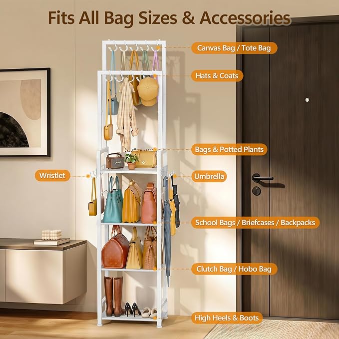 Tall Purse Organizer for Closet: 4-Tier Double Rods Purse Rack Stand,White | With 10 Purse Hanger & 6 Side Hooks, Visible Backpack Handbag Storage, Space-Saving Narrow Purse Shelf for Small Space, Home
