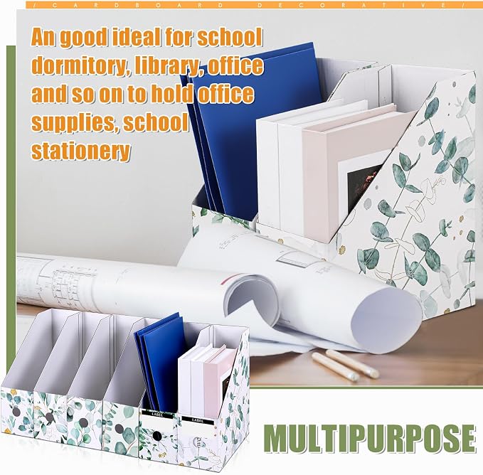 PerKoop 6 Pcs Decorative Magazine File Holders Floral Foldable File Folders Magazine Storage Boxes Rack Desk Organizer Documents with Printable Labels for School Office Home (Eucalyptus Leaves)