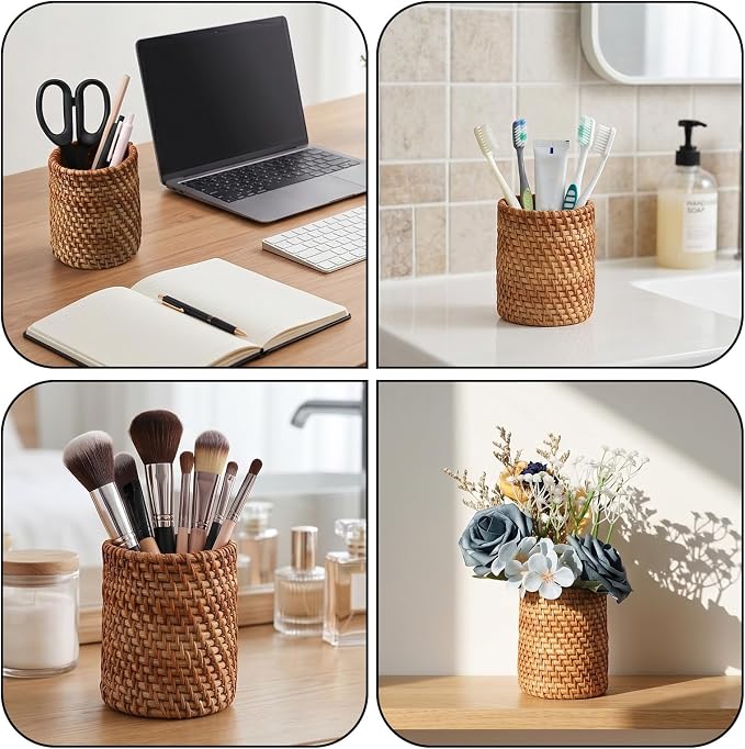 Wicker Pencil Holder, Cylindrical Hand Woven Natural Rattan Pen Holder Boho Desk Organizer Cup for Home Office Desk Storing Vanity Pencils Makeup Brushes Remote Control, Brown