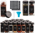 Skiileor 25 Pcs Spice Jars with Label- Glass Spice Jars with Black Metal Caps,Shaker Lids, Funnel, Chalk Pen, 4oz Seasoning Containers Bottles for Spice Rack, Cabinet, Drawer