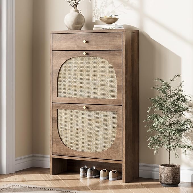 Nicetree Shoe Cabinet for Entryway, Slim Shoe Rack with 2 Flip Drawers and Top Storage Drawer, Narrow Shoe Organizer with Printed Rattan-Look Design, Entryway Shoe Storage for Size 12 Shoes, Caramel