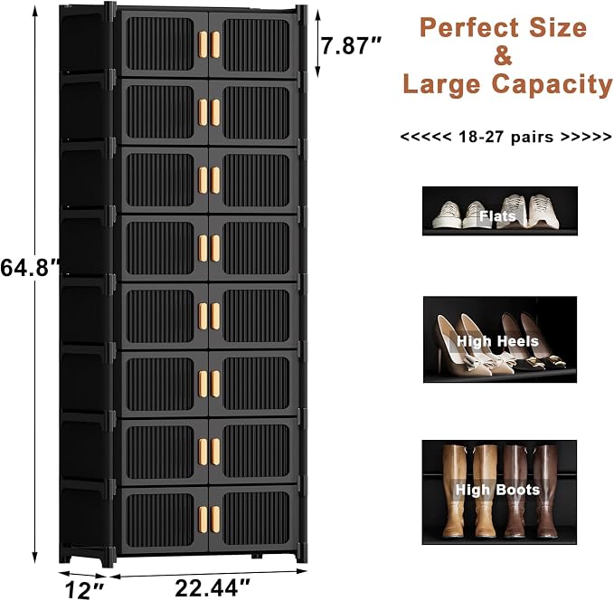Shoe Rack, 9 Tier Shoe Storage Cabinet with 8 Doors, 27 Pair Plastic Shoe Cabinet with Waterproof, Outdoor Shoe Shelves Organizer for Entryway, Bedroom, Hallway,Living Room, Black