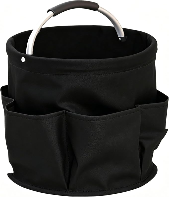 Garden Tool Bucket Organizer, Bucket Tool Organizer,5 Gallon with Aluminum Handle, Multi Side Pockets Portable Storage Caddy for Gardening Camping Car Wash (Black, Open Top)