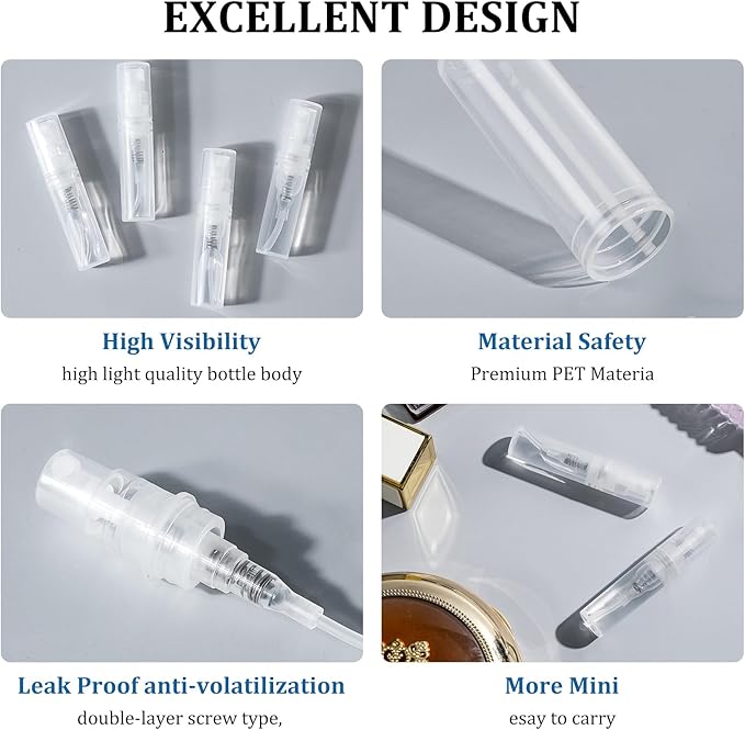 Chiallco Mini Perfume Sample Bottles, 2 ml Plastic Small Spray Bottle 10 Pack, Fine Mist, Portable Perfume Travel Refillable Bottle, Upgraded atomizer sprayer, Clear