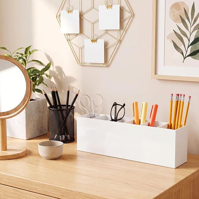 Jetec Acrylic Pen Holder 6 Compartments Makeup Brush Stationery Organizer Pencil Holder for Desk Accessories, Cosmetic Brushes, Dorm, Home, Bathroom, Kitchen, Office Supplies(White)