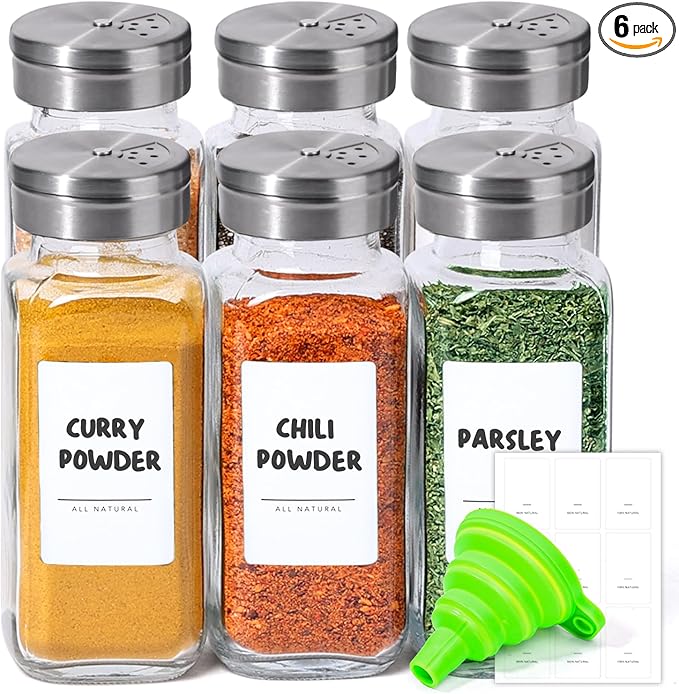 ComSaf Glass Spice Jars with Shaker Lids 8 oz 6 Pack Square | Labels, Seasoning Herbs Powders, Salt Pepper Chili, Spice Rack Organization, Kitchen Cabinet Storage, Funnel Included