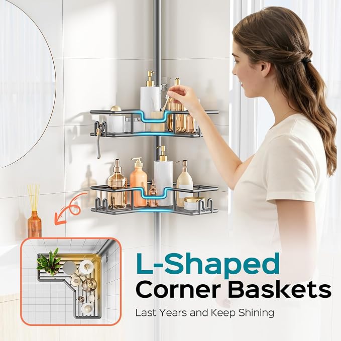 HAMITOR Adjustable 4-Tier Bathroom Storage: Corner Rustproof Shower Caddy Tension Pole - Floor-to-Ceiling Space-Saving Organizer - No Drill Tension Mounted Home Accessory Rack for Renters 47-123 Inch