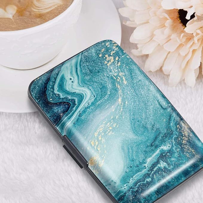 Coco Rossi Credit Card Holder RFID Aluminum Small Mini Wallet Women | Metal Wallet, Business Cards Holder, ID Case, Slim Sleeves, Womens Girls Gift, Carry Proof Wallets for Travel, Teal Marble