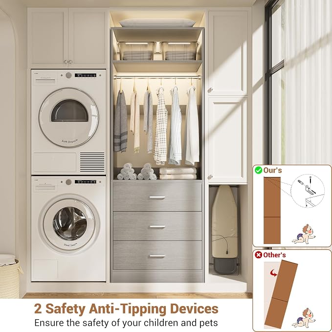 Besiost Closet System Set of 2, 4FT Closet Systems with 6 Wood Drawers, 48" Closet Organizer System with 2 Hanging Rods & 2 Shelves, Heavy Duty 48 Inch Walk-in Closet, Grey (48"L x 15" W x 80" H)