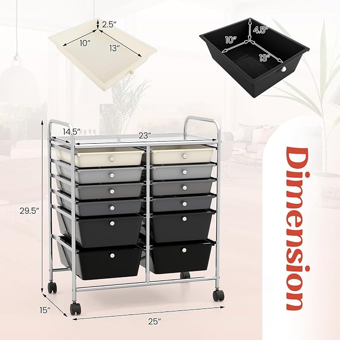 Moccha 12-Drawer Rolling Storage Cart - Utility Cart on Wheels with Lockable Casters for Craft Art Supply Paper Salon, Mobile Drawer Carts for Classroom Teacher School Office (Gradient Grey)