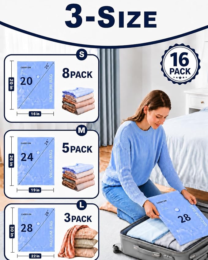 Vacuum Bags for Travel with Electric Pump,16 Pack Space Saver Clothes | 3 Sizes Portable Compression Seal for Travel, Moving & Seasonal Storage, Carry-On Bags for Luggage, Reusable, Leak-Proof