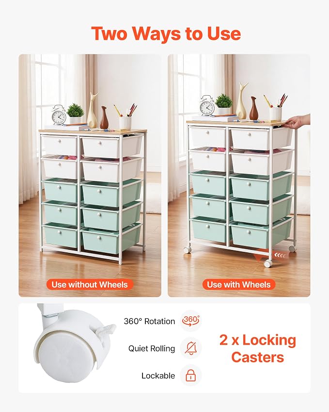 VEVOR Rolling Cart with Drawers, Double Row 10 Drawer Storage Organizer, Mobile Utility Cart, Wood Top, Steel Frame, Universal Casters & 2 Brakes, for Office, Classroom, Craft Room, Studio, Blue White