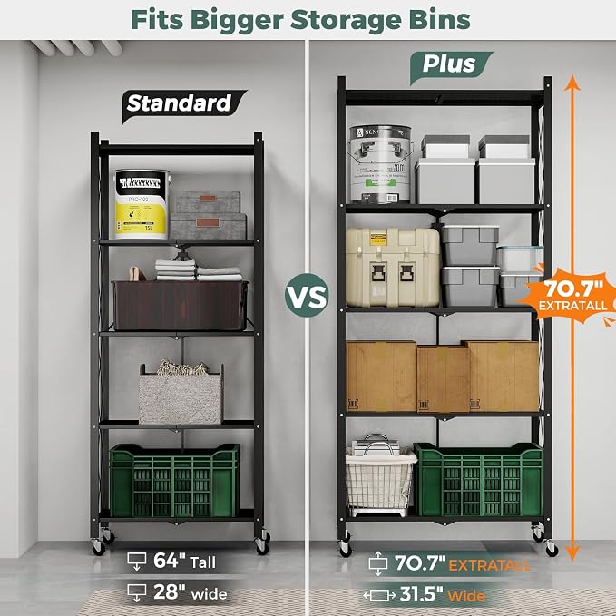 DEANIC 70.7" Tall Extra Large 5-Tier Folding Storage Shelf with Wheels, No Assembly Collapsible Metal Rack with Leveling Feet for Garage, Pantry, Basement, Vendor Display, Kitchen(Black,2 Pack)