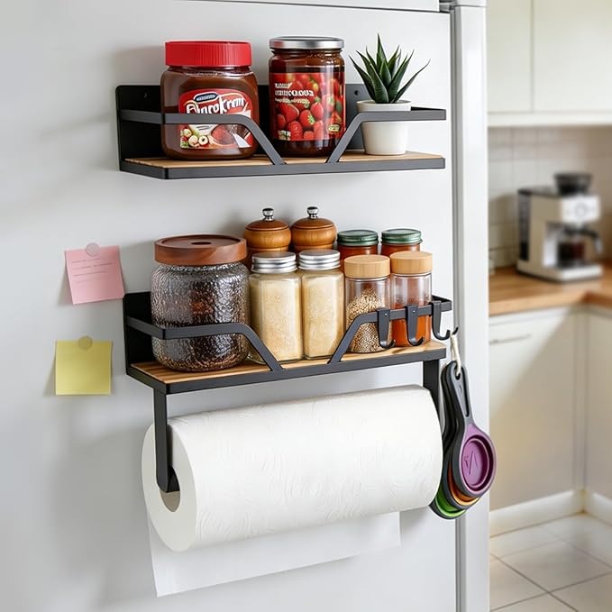 Magnetic Paper Towel Holder with Shelf - 2 Pack Strong Magnetic Spice Rack for Refrigerator Fridge RV(Wall Mount or Magnet)