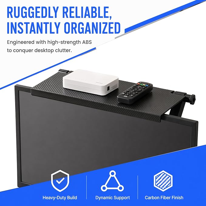 7-Inch Adjustable Screen Top Shelf Organizer for TV Computer Monitor Flat Screen 'TV Mount Top Shelf Used to Place Soundbar Cable Box Speakers Apple TV Play-Station Camera Frames Remote-Black