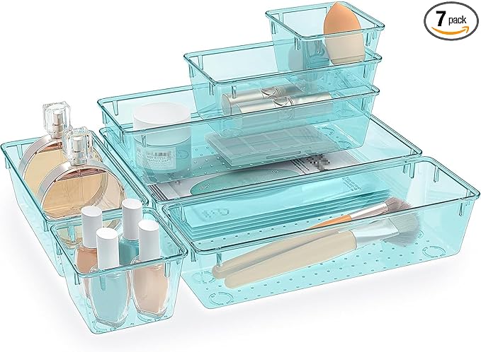 StorMiracle 7 PCS Clear Plastic Drawer Organizers Set, 4 Size Desk Drawer Organizer Trays for Makeup, Jewelry, Kitchen Utensils, Gadgets and Office Accessories, Sea Blue
