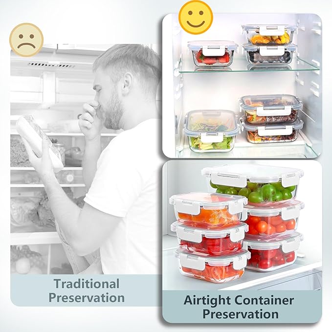 12 Pack Glass Food Storage Container Set with Lids Non Toxic, Stackable Borosilicate Glass Meal Prep Containers, Microwave, Oven, Freezer and Dishwasher Safe (White-12)