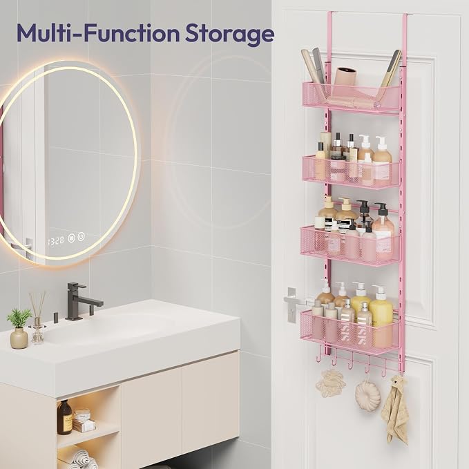 SWTYMIKI Over the Door Purse Organizer - Wall Mounted Purse Rack with 4 Adjustable Metal Basket and 6 Hooks, Hanging Bag Rack for Handbag Organizer, Bag Storage Can Use As 1/2 Part, for Door, Closet