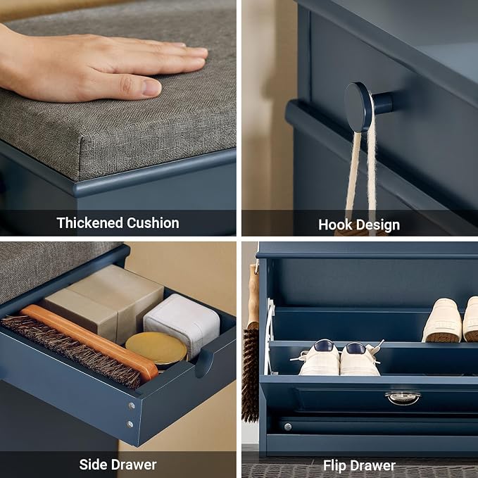 Haotian Small Shoe Storage Bench for Entryway | Narrow Shoe Bench with 1 Flip-Drawer and Seat Cushion, Mini Shoe Rack Hallway Entrance Mudroom, Navy Blue