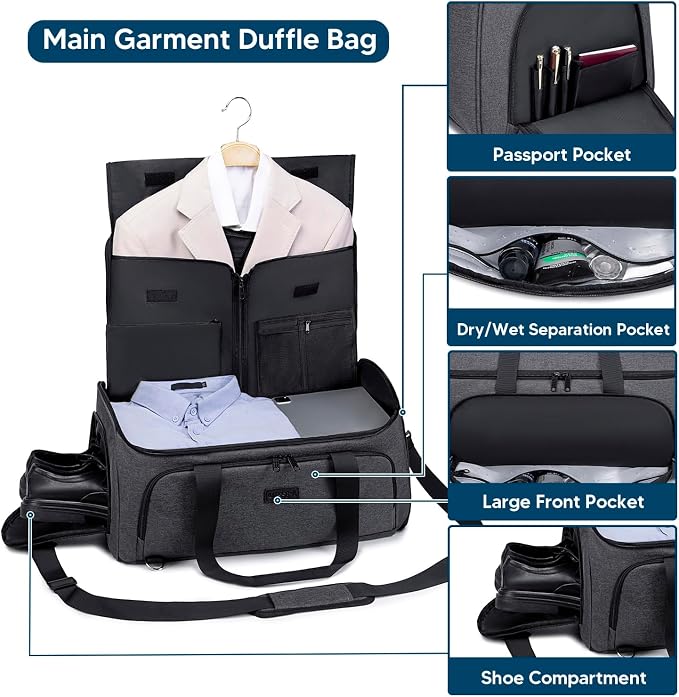 Vessgra Garment Bags for Travel 58L Garment Bags Duffle Bag for Travel Convertible Carry On Garment Duffle Bag 4 in 1 Foldable Suit Bag with Shoes Compartment for Men Women Weekender，Dark Grey
