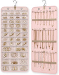 Hanging Jewelry Organizer, Dual-Sided Necklace Holder with Multiple Clear Pockets - Wall Mount & Over The Door Closet Storage for Earrings, Rings, Bracelets - 360° Rotating Hanger (1, pink, XL)