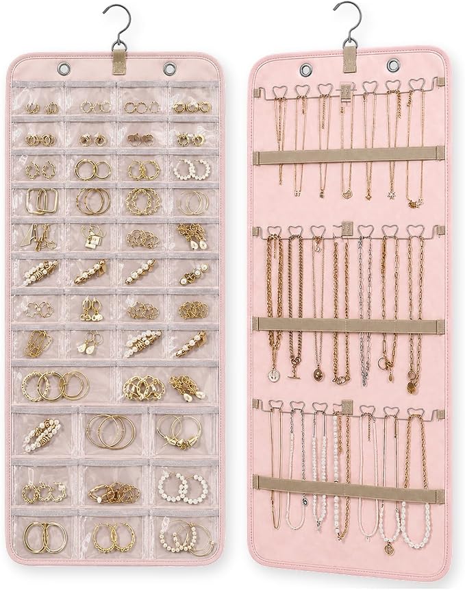 Hanging Jewelry Organizer, Dual-Sided Necklace Holder with Multiple Clear Pockets - Wall Mount & Over The Door Closet Storage for Earrings, Rings, Bracelets - 360° Rotating Hanger (1, pink, XL)