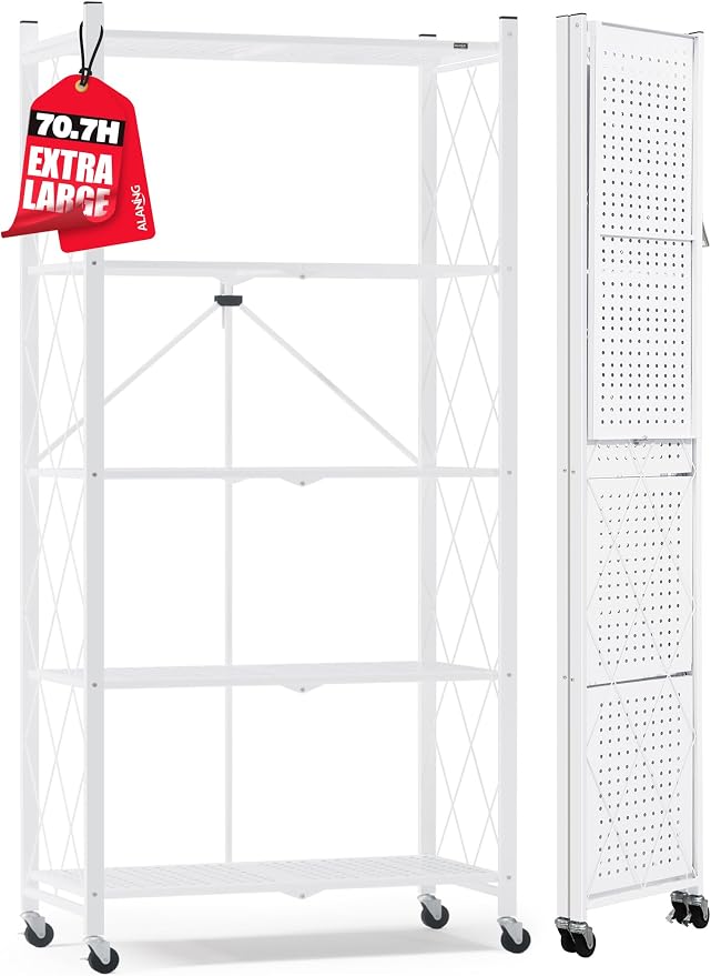 ALANNG 70.7" H Metal Storage Shelves, 5 Tier Folding Shelf on Wheels | Heavy Duty, No Assembly, Rolling, Collapsible Rack Unit for Kitchen, Basement, Pantry (White,1 Pack)