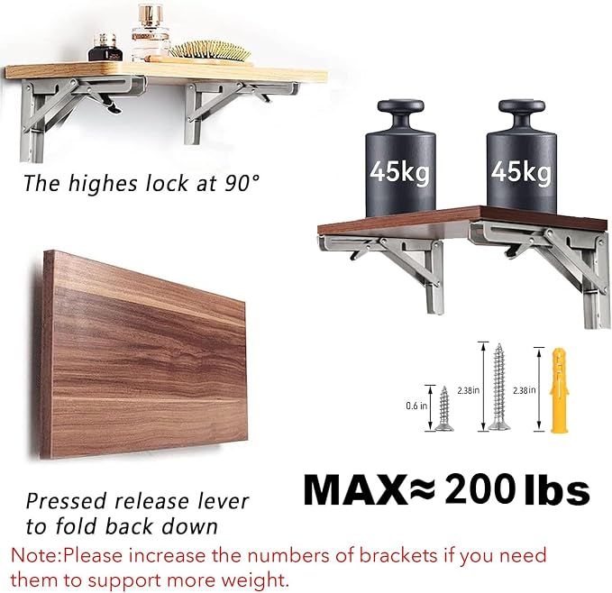 Folding Shelf Brackets 18 inch 2 Pcs Max. Load 440lb - Heavy Duty Stainless Steel DIY Wall Mounted Collapsible Shelf Bracket, Space Saving for Garage Workstation, Stuff Supports, Table, Workbench