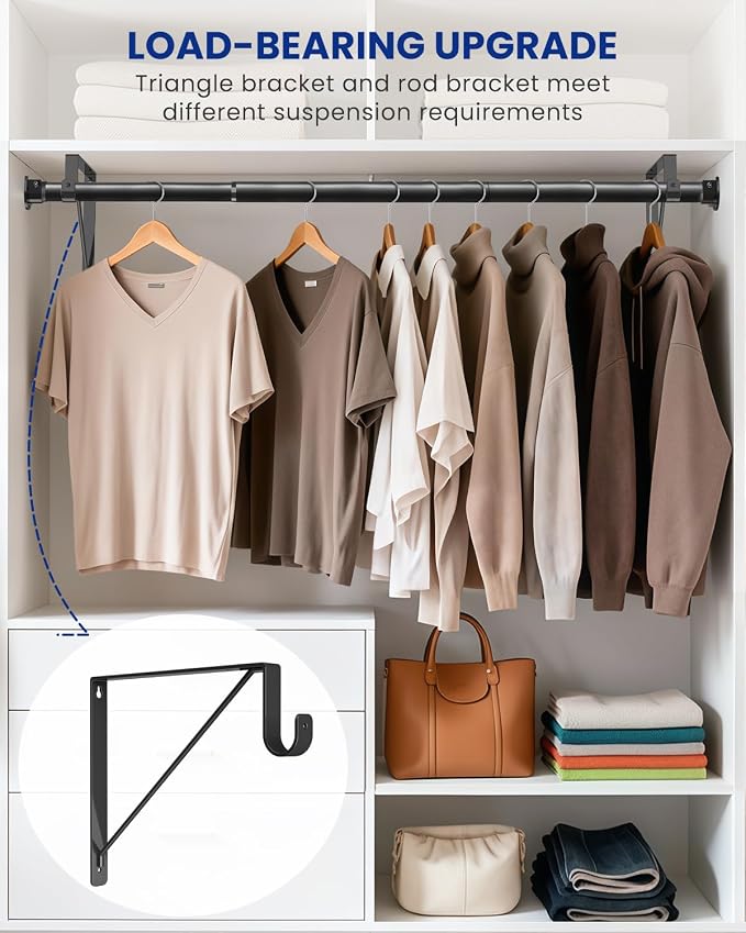 Supforce Adjustable Closet Rod with Triangular Brackets, 17-28in, Black | 1.3in Metal Closet Rod Supports Up To 150 lb, Heavy Duty Rod Reduces Sagging and Mount Securely for Wardrobes Closet Laundry