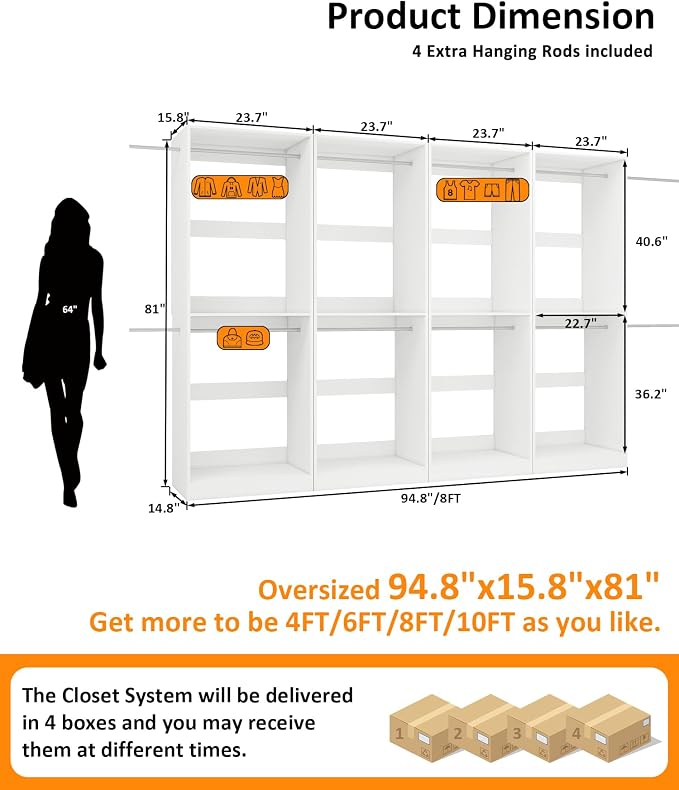 Closet System with 12 Hanging Rods& Shelves , 8FT Small Closet Organizer System Storage Wood with Extra Side Hanging Rod for Walk in Closet, Adjustable Modular Closet Systems Customize, White(8FT)
