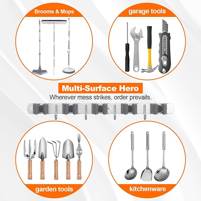 Broom Holder Wall Mount Mop Organizer, 5 Racks 4 Hooks | Premium Stainless Steel Broom Hanger for Durable Rustproof Tool Rack Storage in Home, Kitchen, Garden, Laundry, Garage