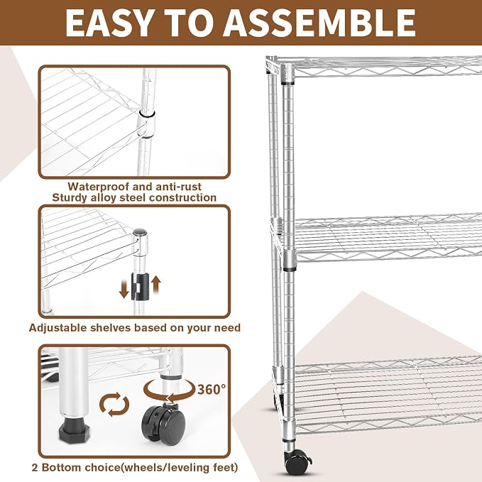 Whitmor 3 Tier Storage Shelving, Heavy Duty with Wheels, Adjustable Steel Organizer, 400 lbs Capacity per Shelf, Max 1200 lbs Total for Garage, Kitchen, Bathroom, 20" L x 14" W x 24" H, Chrome