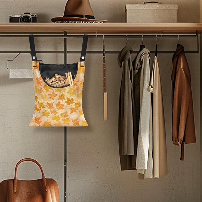 Yellow Maple Leaf Clothespin Storage Hanger Bags Hydrangea Laundry Clothespins Bag, Clothespin Bag with a Large Opening, Hanging Storage Organizer with Hanging Rope for Home Outdoor